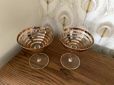 Pair Of Vintage Gold Stripe Ring Cocktail Martini Glasses Retro/Art Deco Style • £14.75