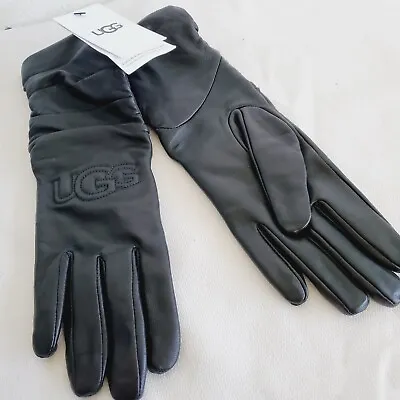 New Womens Small Black Ugg 21623 Leather Scrunched Logo Gloves $120 • $72.21