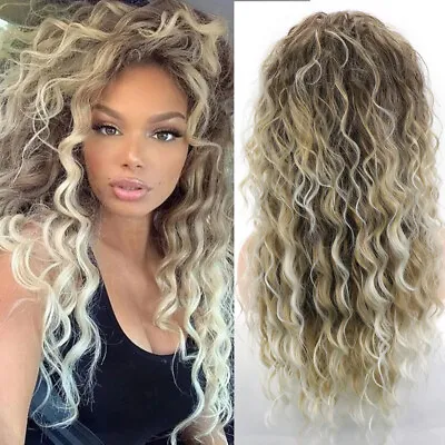 Long Deep Wave Ash Blonde Wigs For Women Cosplay Party Dark Root Ombre Blonde • $23.21