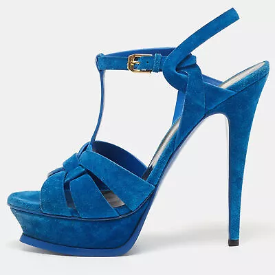 Yves Saint Laurent Blue Suede Tribute Ankle Strap Sandals Size 40.5 • £139.21