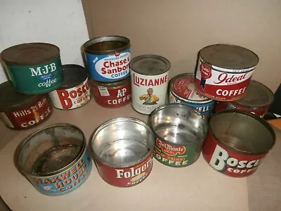 13 Vintage Tin Coffee Cans Boscul MJB Hills Savarin Ideal Folgers A&P Chase Ect • $79.99