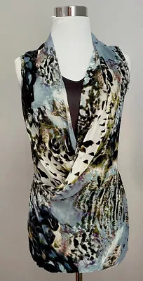 Vera Wang Blouse XS Blue Gray Abstract Animal Print Sleeveless Cross V Cowl Sash • $8.95