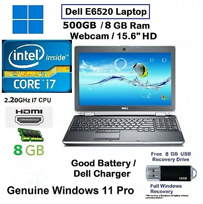 Dell E6520 Fast I7 2.20Ghz 512GB SSD 8GB Laptop Office 15.6  HD New-WINDOWS 11 • £188.05