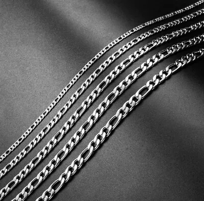 Figaro Necklace Silver Stainless Steel Cuban Curb Chain 18-24  Inch 3-7.5mm Mens • $4.75