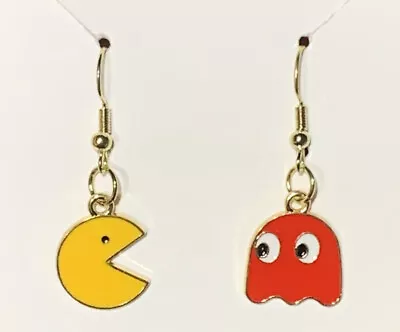 Gold PAC-Man & Ghost From Pac-Man & Ghost Drop Dangle Earrings!! • $8.75
