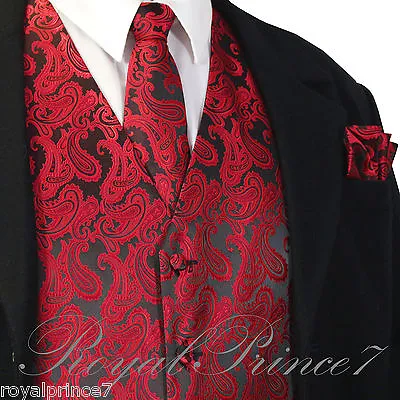 BLACK / RED  XS - 6XL Paisley Tuxedo Suit Dress Vest Waistcoat & Neck Tie Hanky  • $25.36