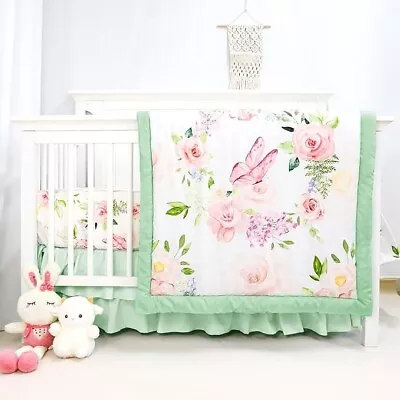 4-Piece Crib Bedding Set Baby Girl Crib Bedding Set Butterflies Floral Nursery • $50.39