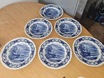 W H GRINDLEY BLUE AND WHITE SCENES AFTER CONSTABLE SET OF 6 DINNER PLATES 25cm • £24.99