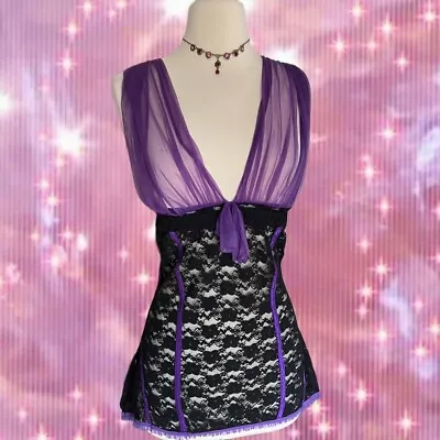 Vintage Y2k 90s Lingerie Top Black Purple Lace Mesh Corset Style Stretch • $25