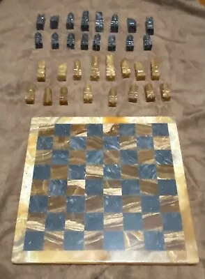 Vintage Aztec Chess And Checker Board Set Black Marble And Tan Onyx Pieces • $50