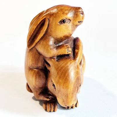 £43.20 • Buy F036 -Collectible 30 Years Old 2   Hand Carved Boxwood Netsuke  - Sweet Rabbits