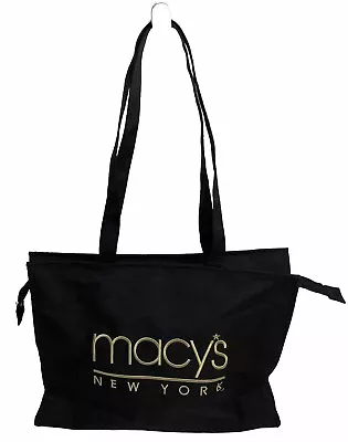 Macy’s New York Black Embroidered Gold Lettering Canvas Tote Shopper Bag Zip Top • $12.95