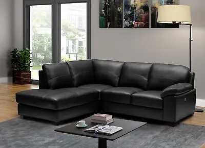 BLACK Genuine Italian Leather Corner Sofa LH Facing + USB BROOKLYN • £1149