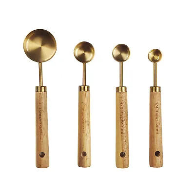 Measuring Cups And Spoons Stainless Steel Set With Wooden Handle Kitchen Baking • £11.59
