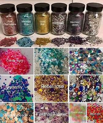 6 X LARGE 40g JARS CHUNKY FESTIVAL GLITTER MIX SET FACE BODY DANCE COSMETIC • £6