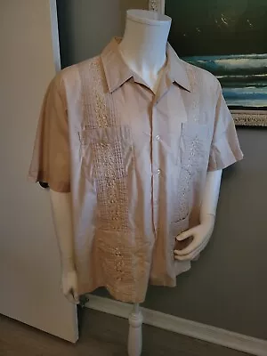 TropiCool Beige Cuban Embroidered Short Sleeve Button Up Shirt Size XL • $14.99