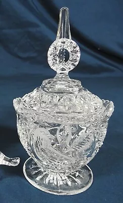 Vintage Hofbauer Byrde Etched Clear Crystal Glass 6.25  Sugar Dish W/ Lid. • $18