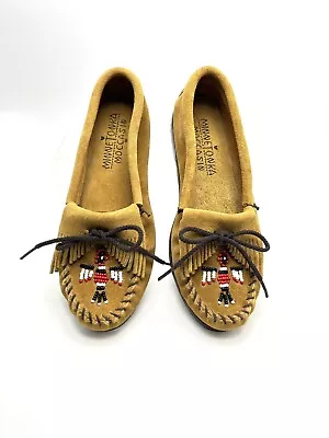 Minnetonka Brown Leather Beaded Moccasins Thunderbird Suede Size 8 Read • $19.95