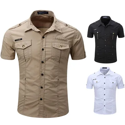 Fashion Mens Military Shirt Classic Double Pocket Casual Epaulet Shirt Plus Size • $18.59