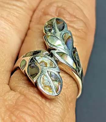 Sz 7 Sterling Silver Ring Abalone Inlay Leaf Bypass Ring • $30