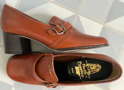 £14.99 • Buy Vintage 60s 70s Hush Puppies Brown Leather Buckle Front Mid Heel Shoes 2 3 Mod