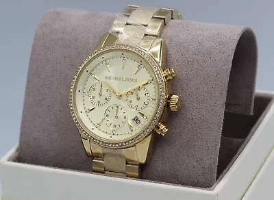 New Authentic Michael Kors Ritz Gold Crystal Chronograph Women's Mk6597 Watch • $129.99