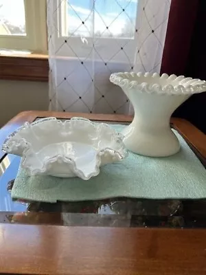 2 Fenton Silver Crest Milk Glass Dish An Ruffled Edge Bowl  • $40