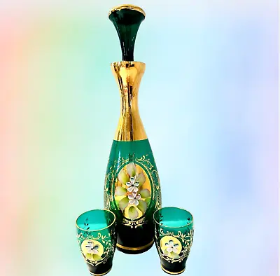 Vintage 1950s Murano Green Glass Decanter Set Of 3 Italy Gold Trim Hand Painted • $44.99