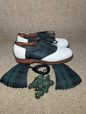 Vintage Polo Ralph Lauren Golf White Leather Green Tartan Plaid Saddle Women 8.5 • $149.98