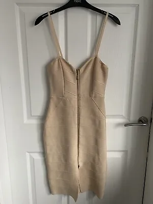Ladies Beige/Gold Sleeveless Strap Bodycon Zip Front Party Dress - Size Small • £3.95