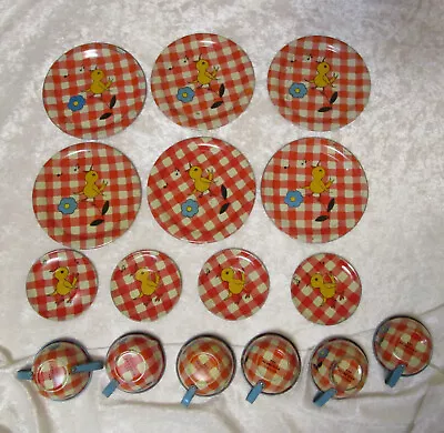 Vintage Metal Tea Set Ohio Art Red Gingham With Bird And Flower • $18