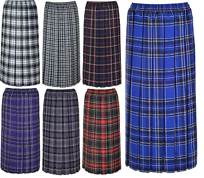 Ladies Womens Tartan Pleated Box Check Skirt 27 Inch Length Elastic Sizes 10-26 • £14.99