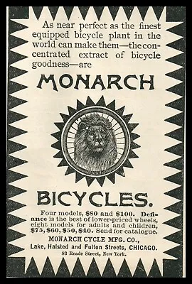 1896 Monarch Bicycle Engraving Sun Wheel Lion Head Transportation Cycle Ad 8825 • $14.97