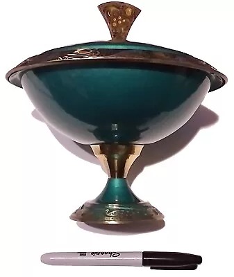 Rare - Judaica Jewish Israel Green Enamel Covered Brass Dish Vase Olive Bowl • $244.95