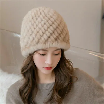 Womens Winter Warm Real Mink Fur Hat Knitted Elastic Beanie Snow Cap Earmuffs • $25.48