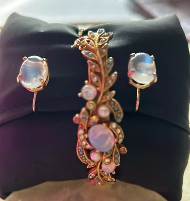 VTg Hinged   Moonstone Bangle &Earring   With Tiny Torquoise And Rhinestones  • $69.99