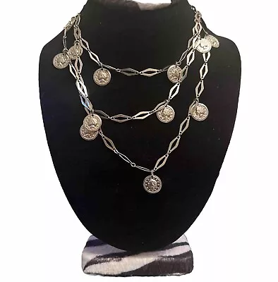 Vintage Silver Tone Diamond Shape Chain Necklace With Coin-Like Charms 53” • $24