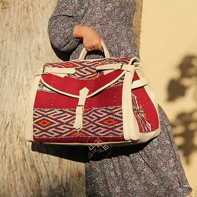 Moroccan Antique Leather Weekender Bag Made Of Handcrafted Vintage Carpet • $159.99