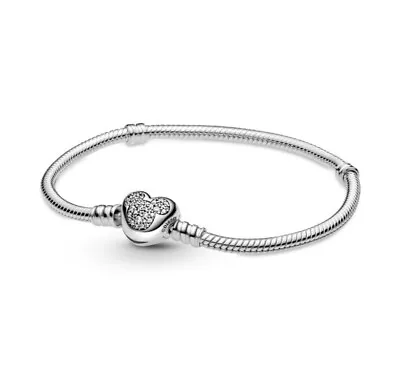 PANDORA~Disney Mickey Mouse Pave CZ Heart Clasp Snake Chain Bracelet~#599299C01 • $64.95