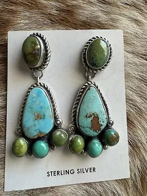 Navajo 925 Sterling Silver Turquoise Cluster Earrings KY Southwestern • £380.06