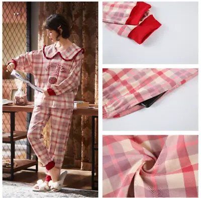 Elegant Kawaii Plaid Ruffled Pyjama Sets Cotton Strawberry Milk Peter Pan Collar • $84.02