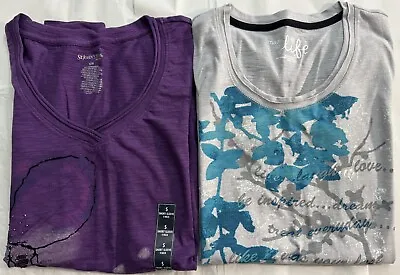 NWT 2 Tops-MADE FOR LIFE & St. JOHNs Women's Gray & Purple Short Sleeve Size S • $13.95