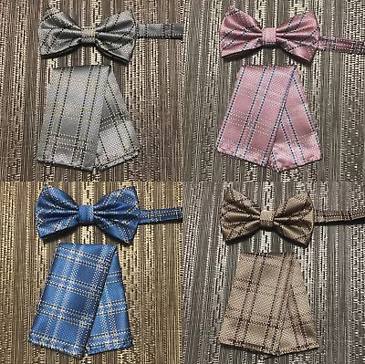 Men's Stripes Pattern Butterfly Bow Tie And Pocket Sqaure Hanky Set Wedding Prom • $11.63