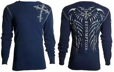 Archaic By Affliction Men's Thermal Shirt SPINE WINGS Biker Navy • $24.95