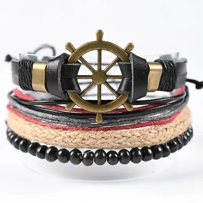 Retro Men's Bracelet Fashion Handrope Boat Anchor Leather Bracelet Set Woven • $9.99