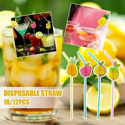 10/12x Hawaiian 3D Fruit Cocktail Straws Umbrella Drinking Decor`~ Straws❀ • £2.27