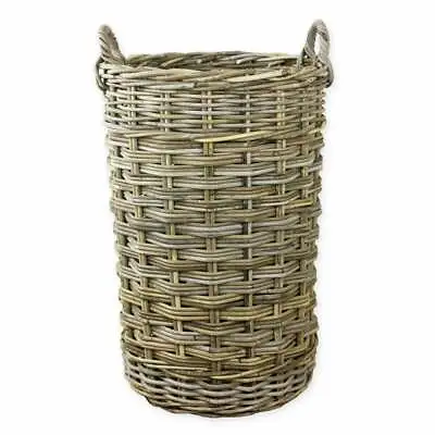 Grey Buff Rattan Round Wicker Umbrella Basket Walking Stick Stand Holder Handles • £50