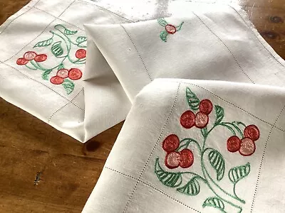 Vintage Linen Tablecloth Embroidered With Cherries 108 Cms X 104 Cms • $18.95