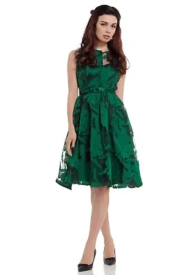 VOODOO VIXEN RETRO VINTAGE PIN UP 50s MAGGIE FLORAL ORGANZA GREEN DRESS DRA8245 • $27.49