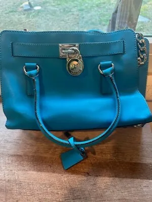 Michael Kors Teal Blue Leather Hamilton Tote Shoulder Bag Lock & Key & Key Fob • $125